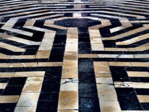 A floor with a labyrinthine design.