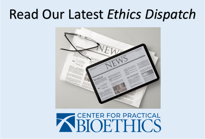 Our Ethics Dispatch social media graphic showing glasses a reading tablet and a print newspaper.